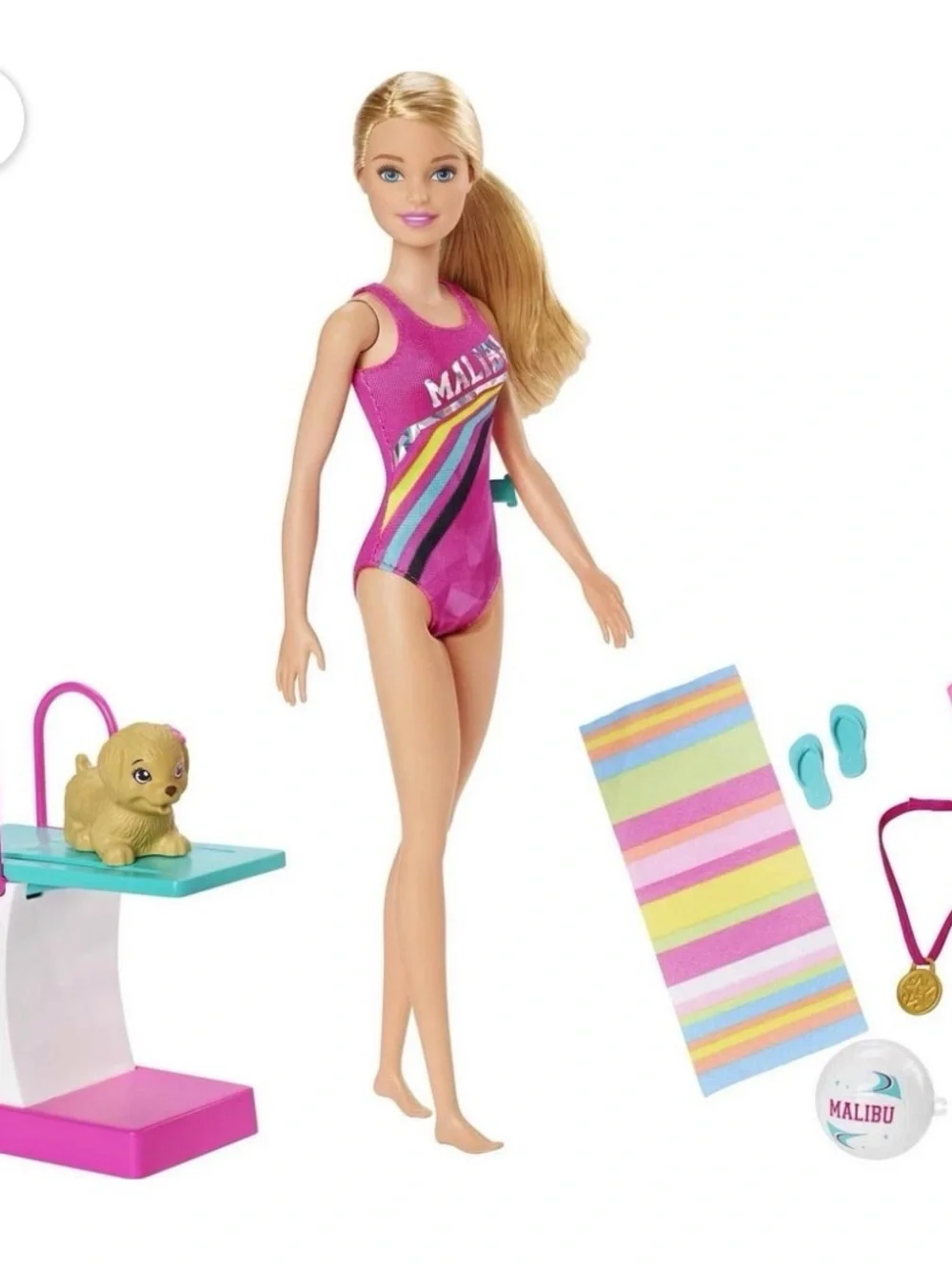 Barbie Malibu Swim Doll Playset Puppy Pool Float Accessories NWT